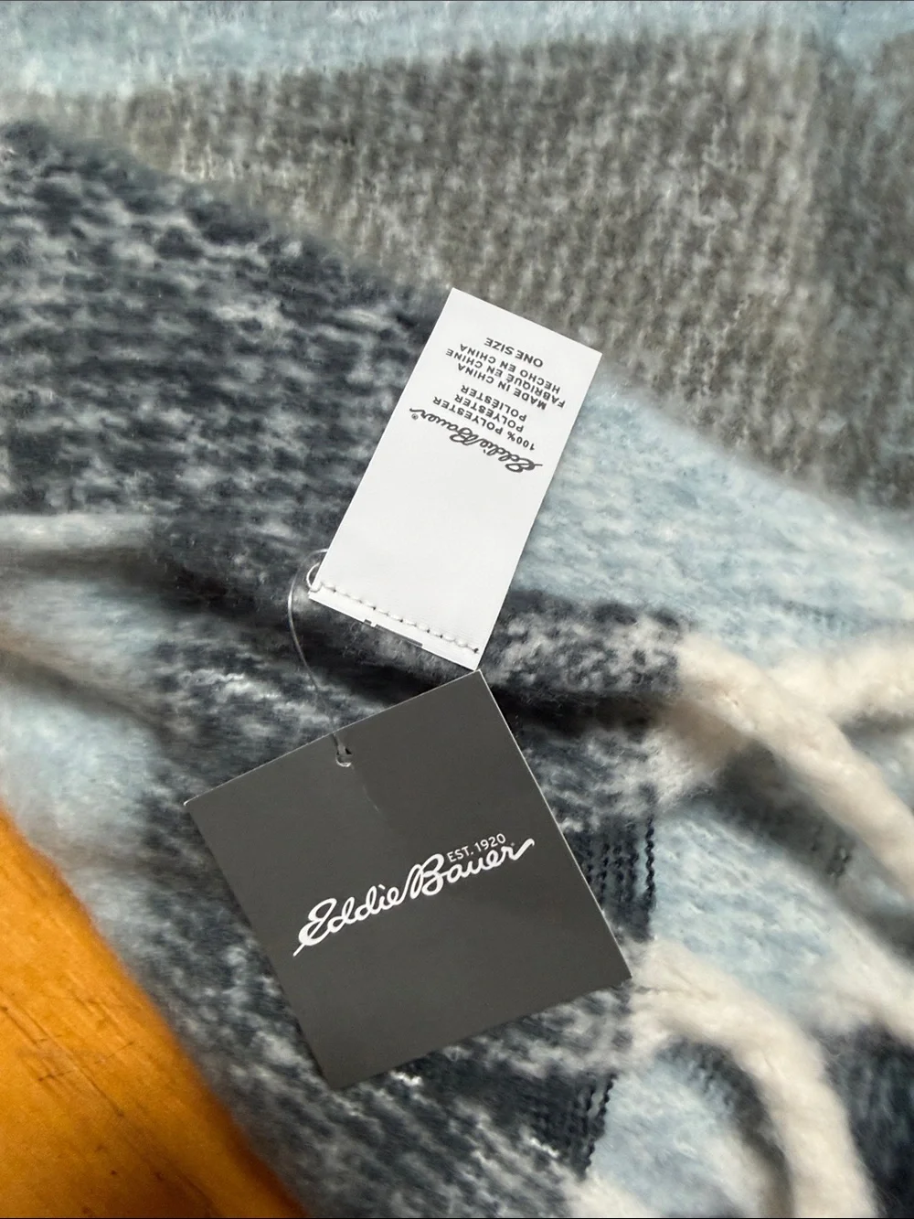 Eddie Bauer Light Blue, Gray & Charcoal Plaid Fringe Scarf